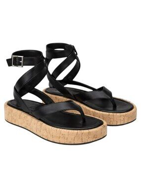 Schutz Tessie Black Leather Strappy Cork Platform Sandals 8.5 NWOT